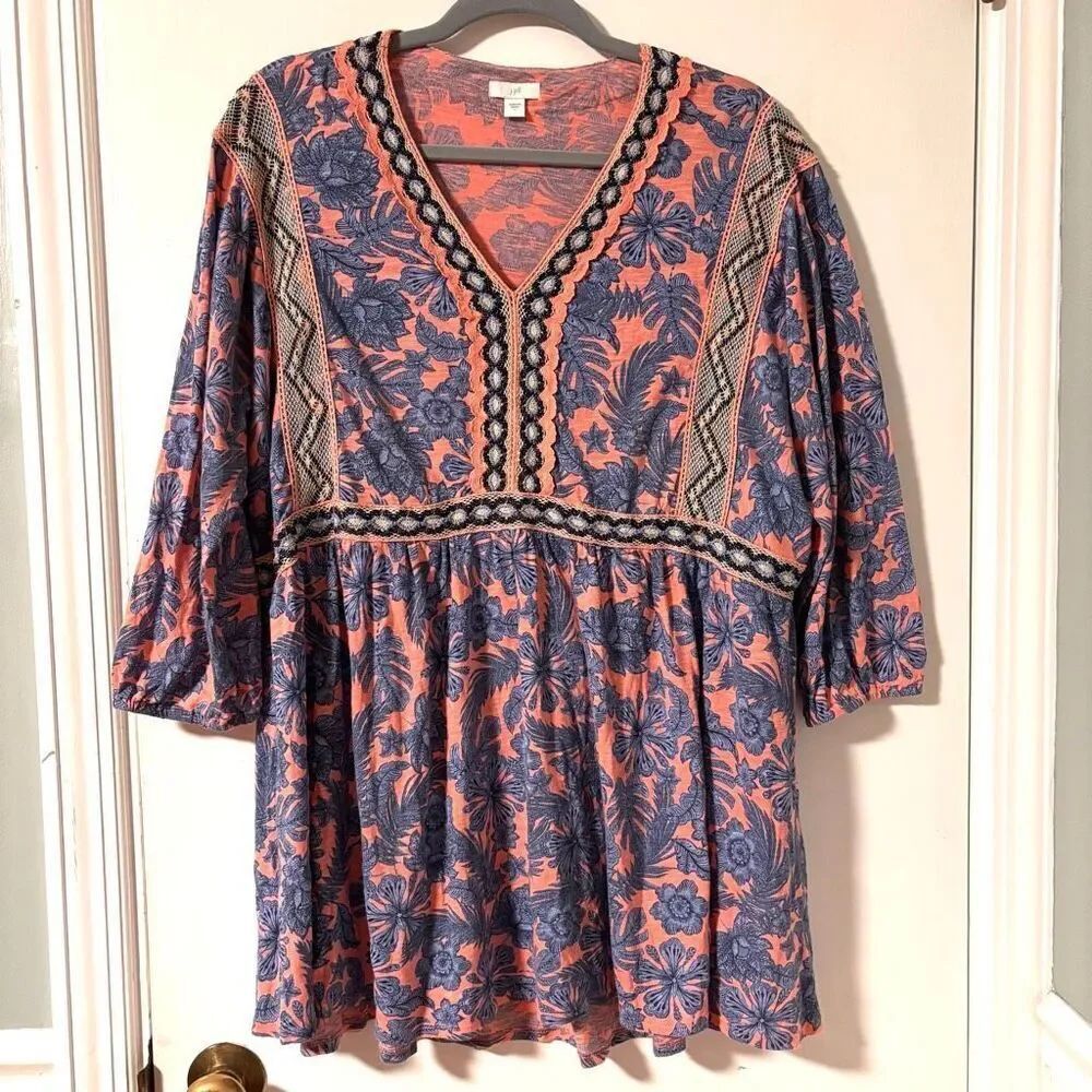J. Jill L boho embellished tunic coral & purple print